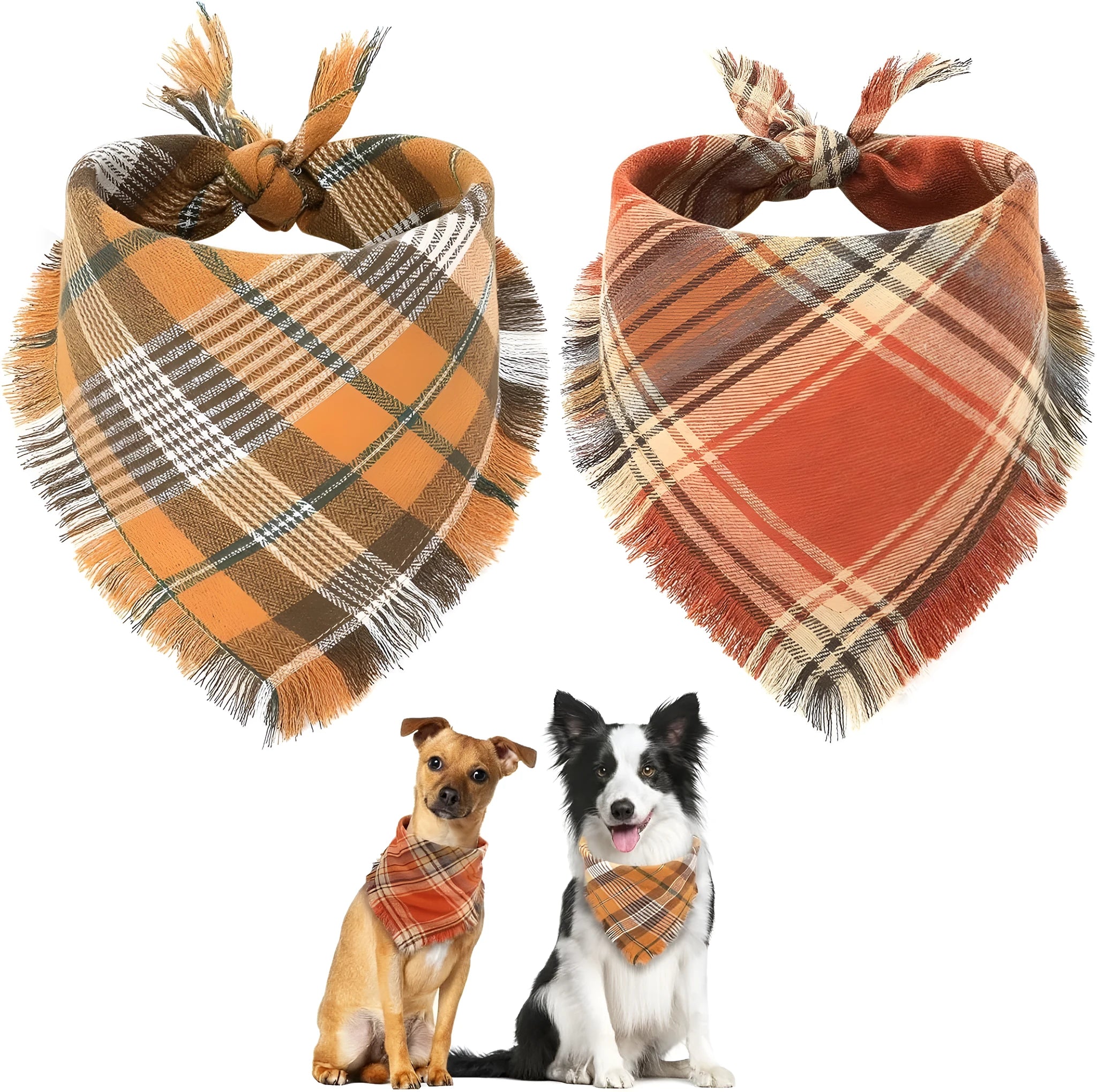 Plaid triangle dog bandana with tassel edges in autumn colours like brown, green, and orange.