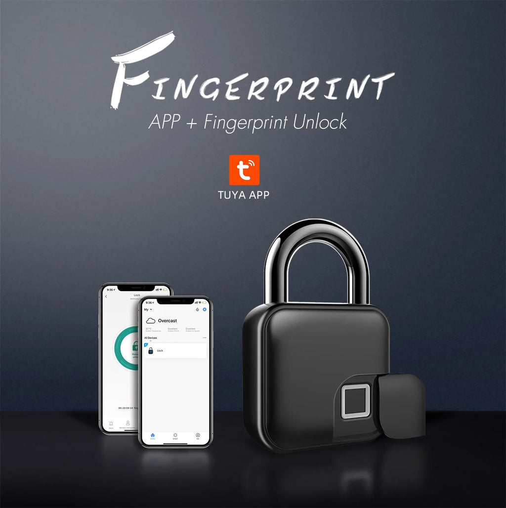 Black zinc alloy smart fingerprint padlock with Bluetooth remote, L3 model, on a blue background