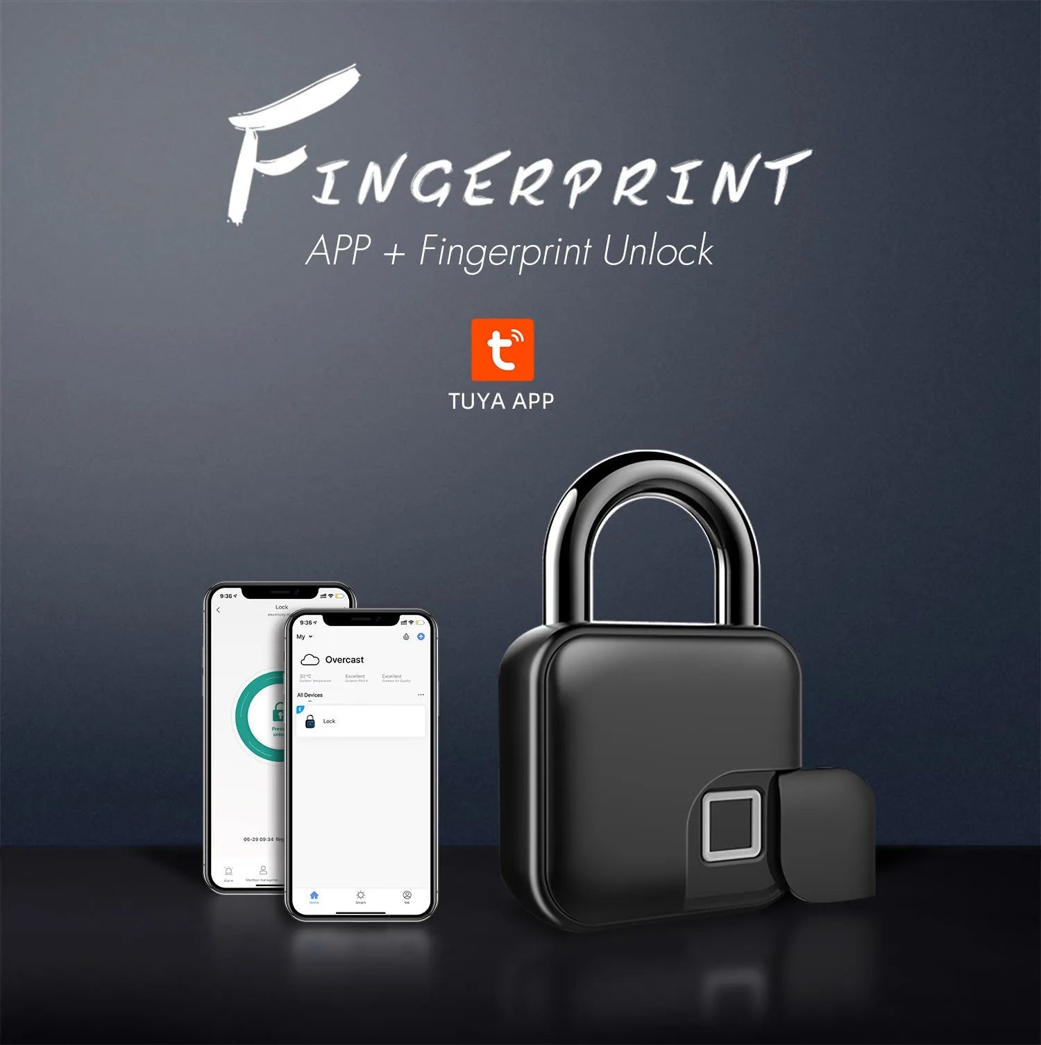 Black zinc alloy smart fingerprint padlock with Bluetooth remote, L3 model, on a blue background