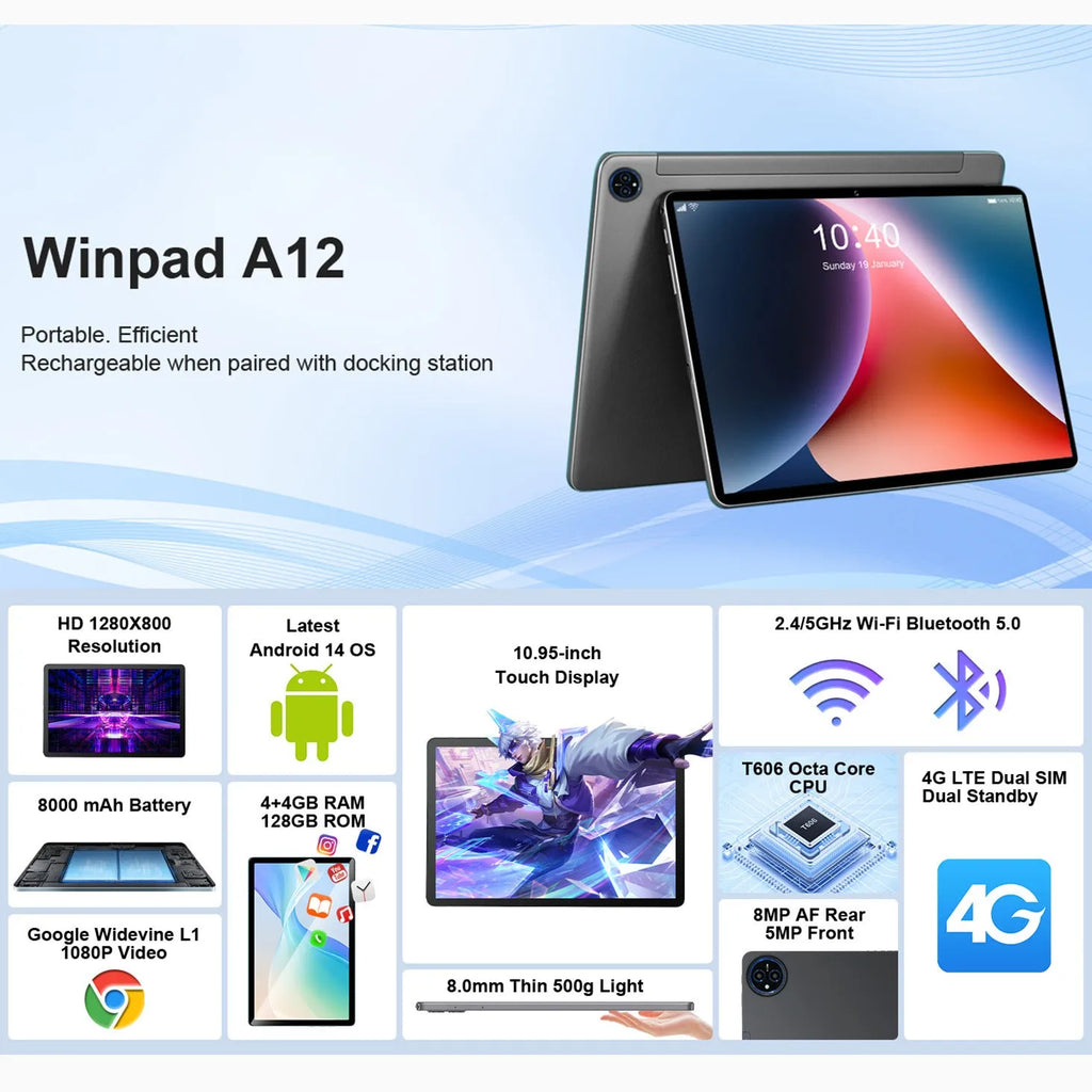 Bare metal blue 10-inch tablet with attached leather keyboard case on a desk.