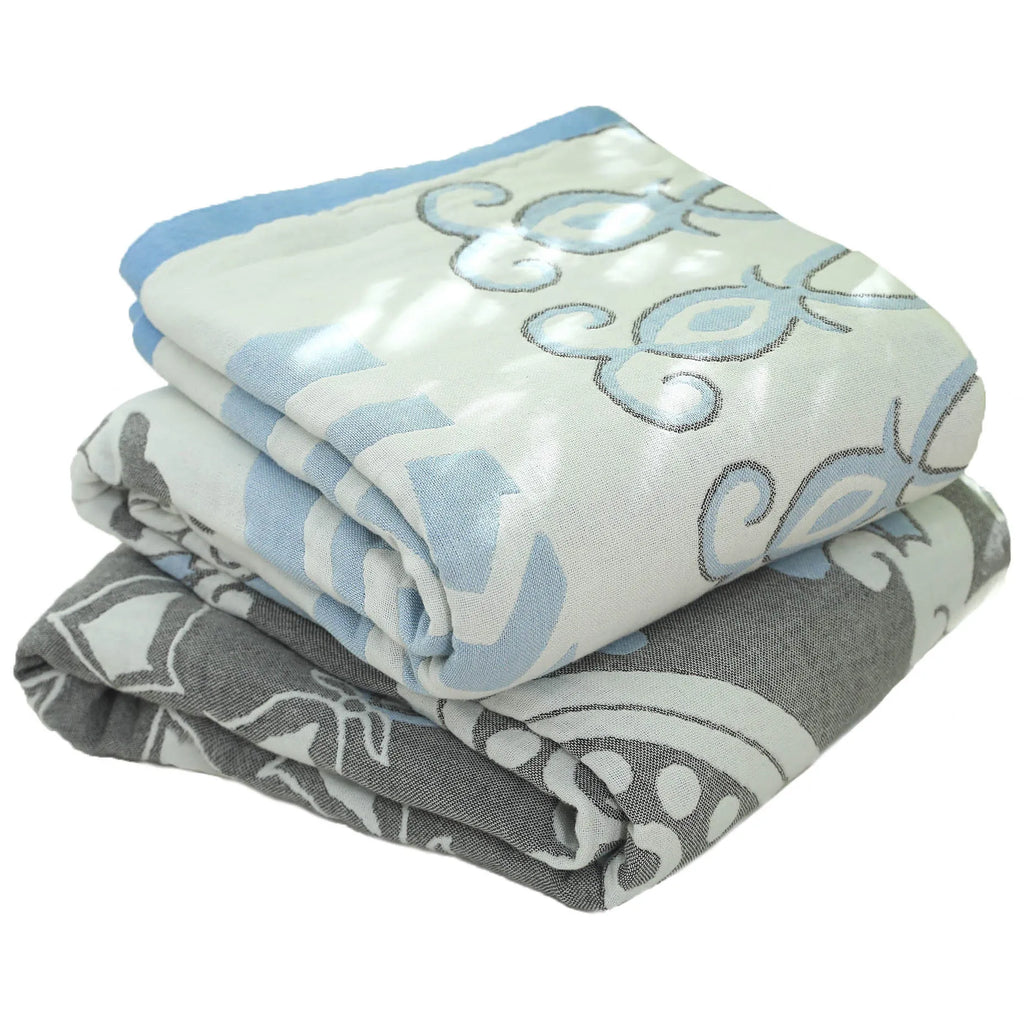 Pure cotton washed five layers towel blanket with plant flower pattern in blue, 150x200cm size