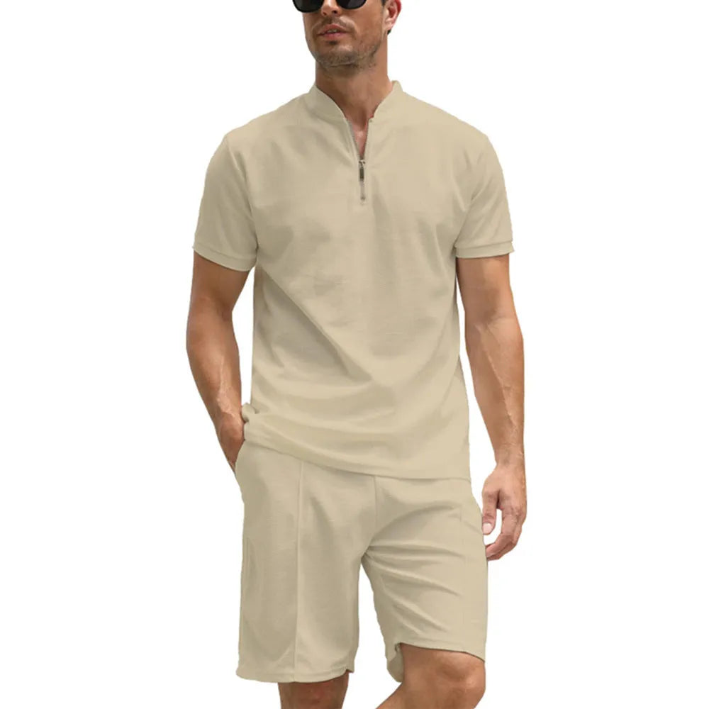 Men's solid colour polo shirt and matching trousers two-piece set in beaded bird's eye fabric