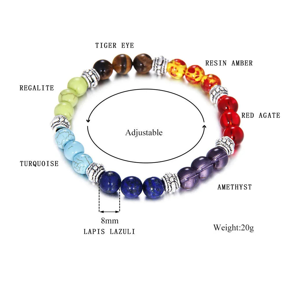 Natural stone colorful chakra energy yoga bracelet on wrist