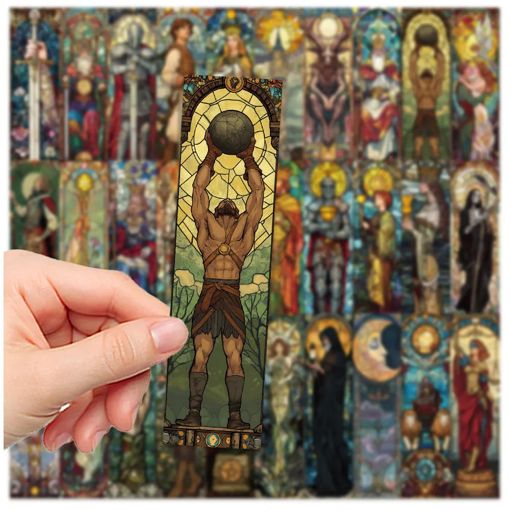Set of 30 paper bookmarks with painted glass tarot card designs in a cute homemade style.