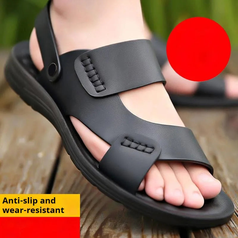 Men's brown and black waterproof casual sandals with plastic upper, shown in sizes 39 to 45.