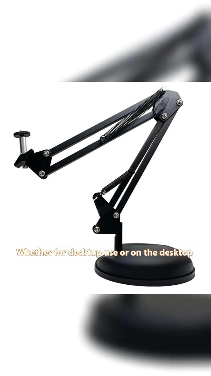 Black foldable metal desktop cantilever bracket holding a tablet, showing multi-angle adjustment.