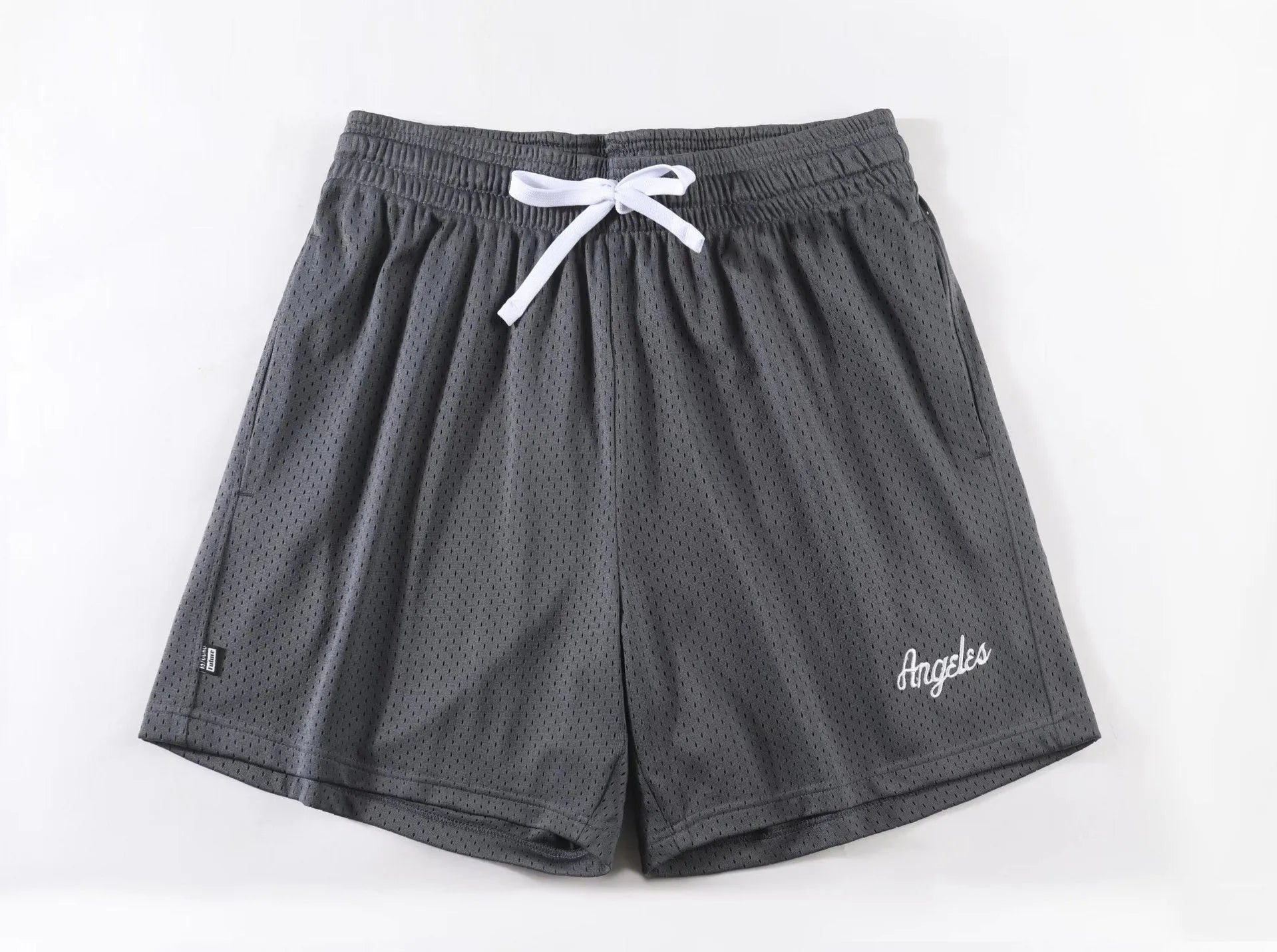 Men's personalised double-layer mesh shorts in a selection of colours on a size chart.