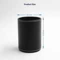 Round black leather pen container with 8.0cm diameter and 10.8cm height dimensions