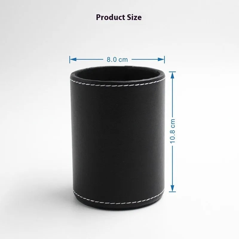 Round black leather pen container with 8.0cm diameter and 10.8cm height dimensions
