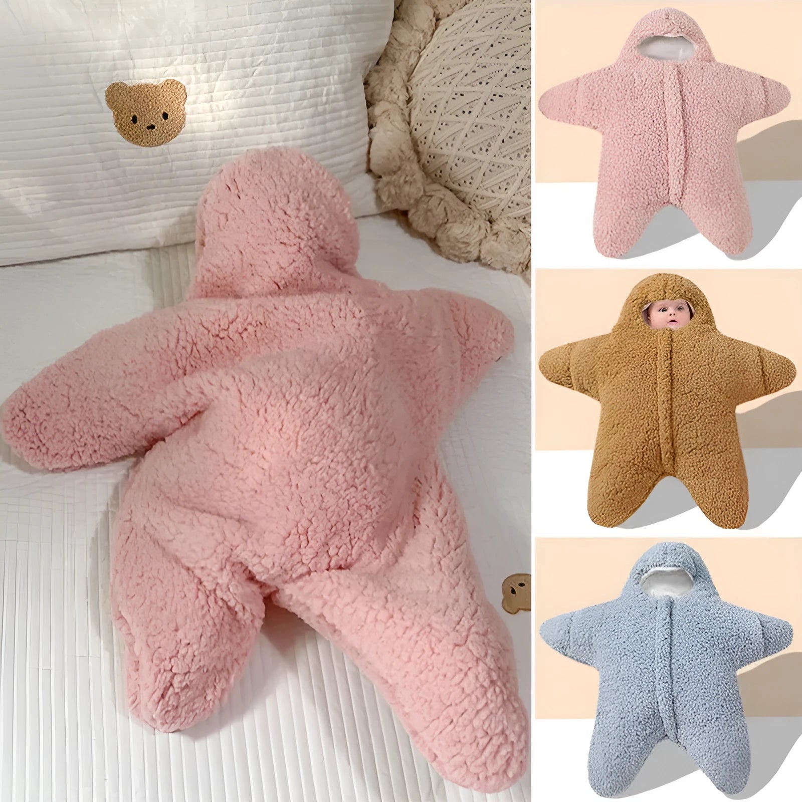 Cashmere and cotton baby sleeping bag with hood, shown in pink, grey, light blue, or khaki.