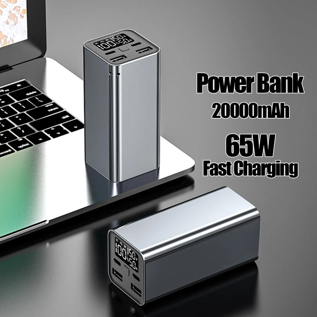Black high-power 65W metal charging bank with 20000mAh capacity for laptop fast charging.