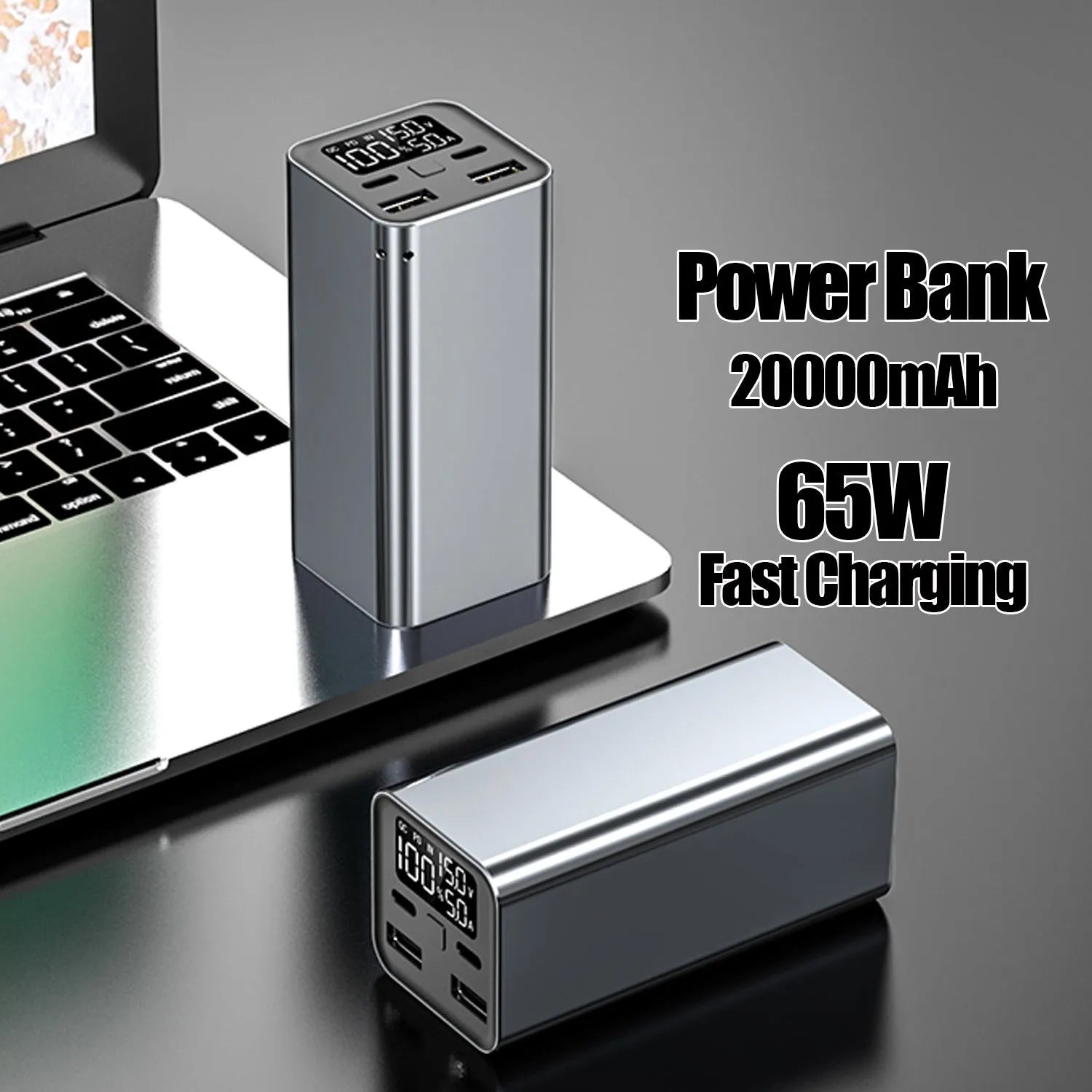 Black high-power 65W metal charging bank with 20000mAh capacity for laptop fast charging.
