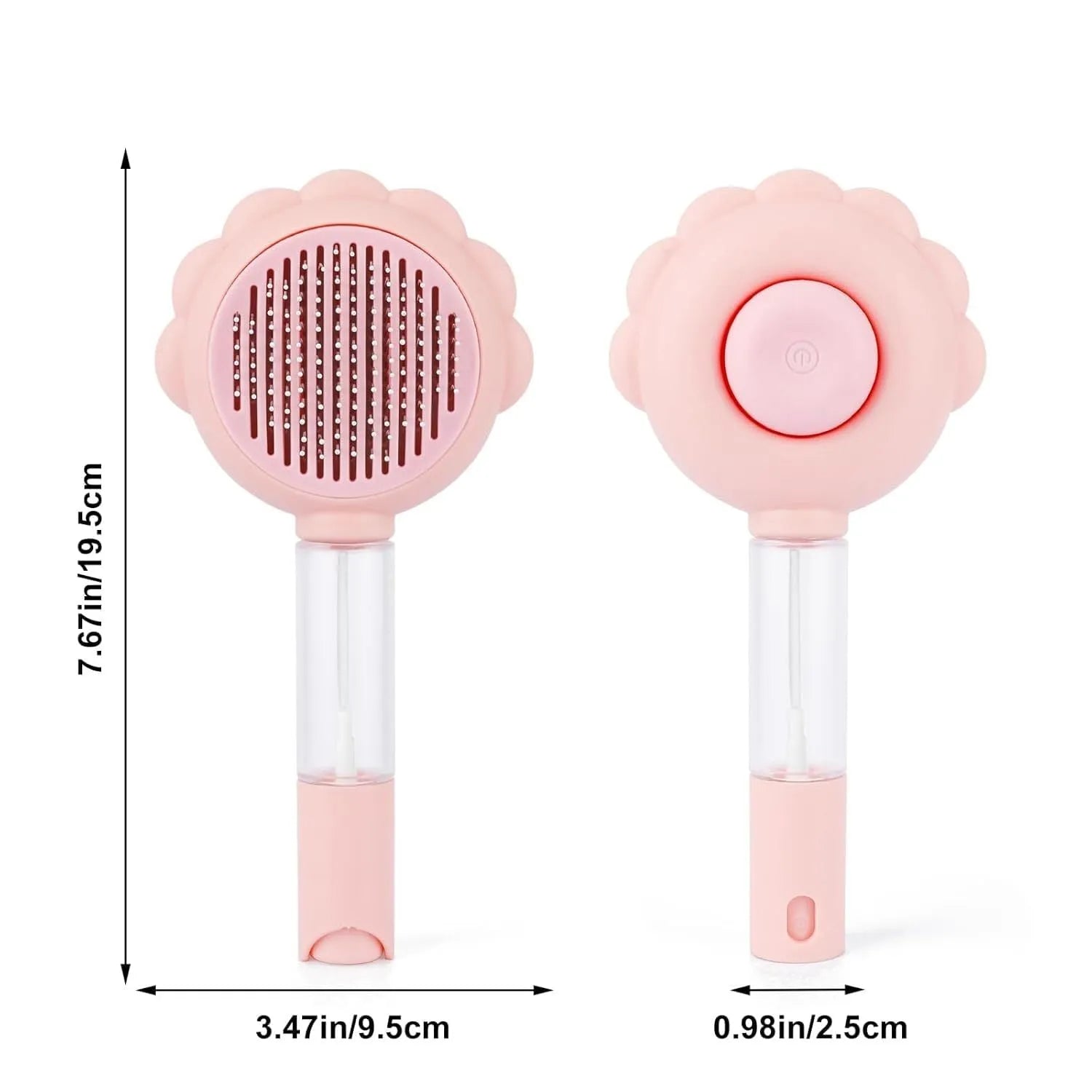 Grey spray cat brush with release button and stainless steel bristles for pet grooming.