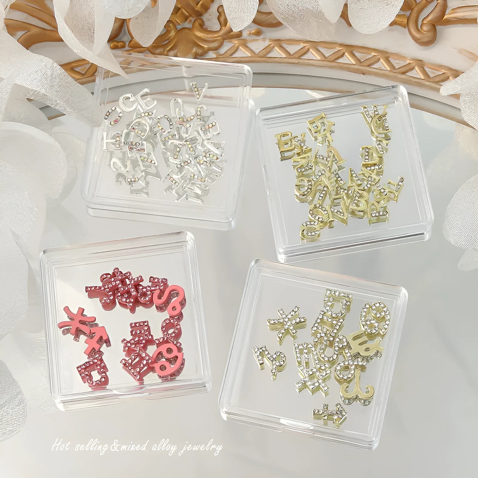12 Constellation Nail Art Accessories set of metal alloy Princess Series decals with letters pattern in gold tone