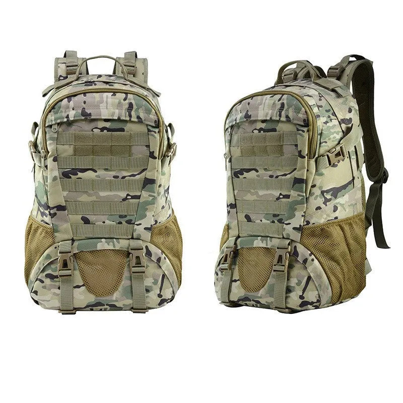 Oxford cloth mountaineering backpack in camouflage colour with air pillow belt, showing 49x31x18cm dimensions.