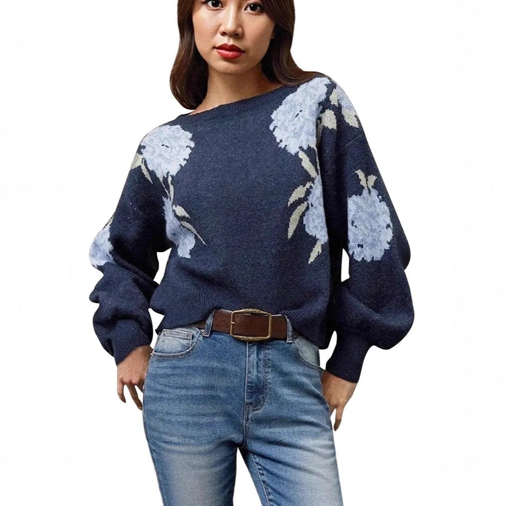 Sapphire blue women's loose pullover with floral jacquard pattern and off-neck design.