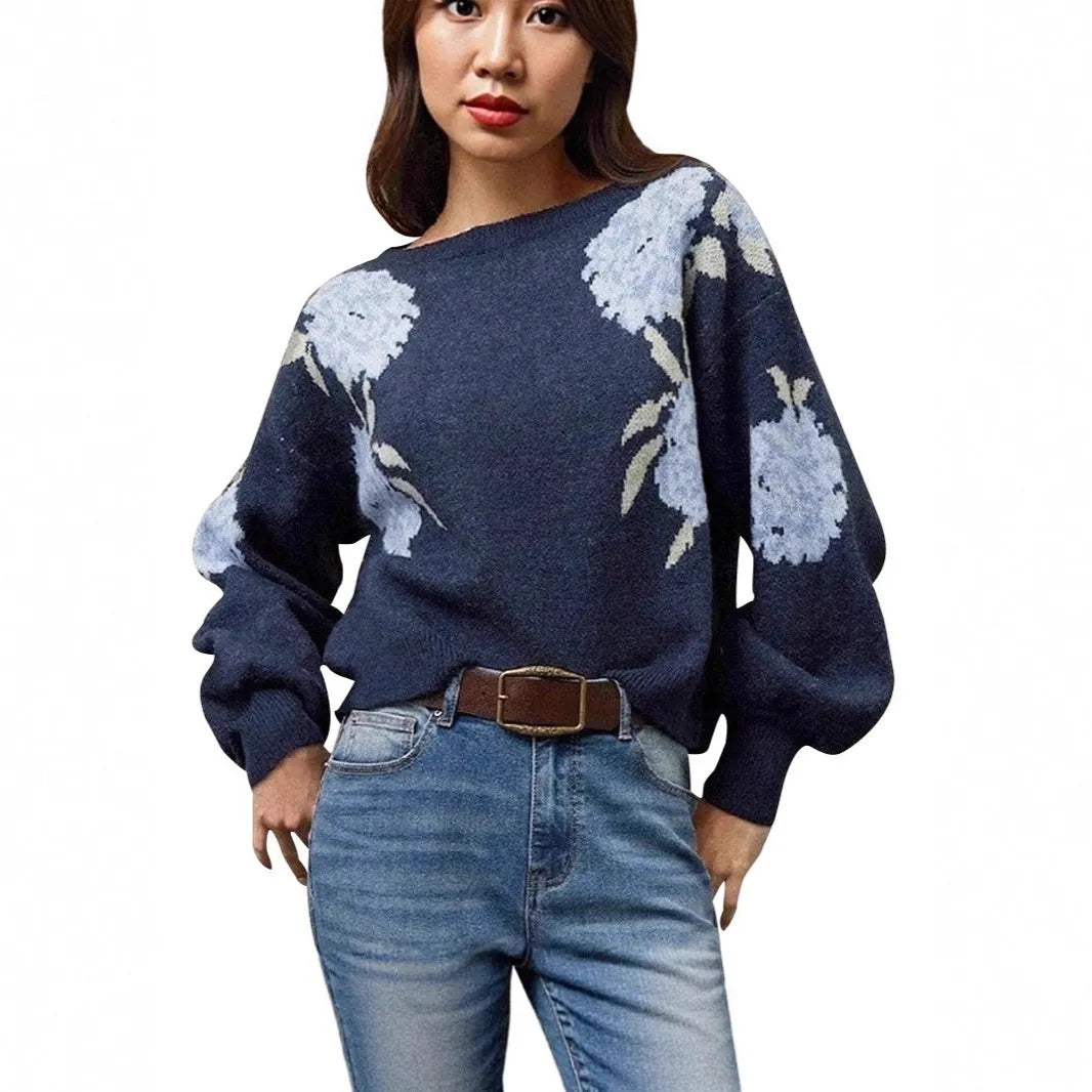 Sapphire blue women's loose pullover with floral jacquard pattern and off-neck design.