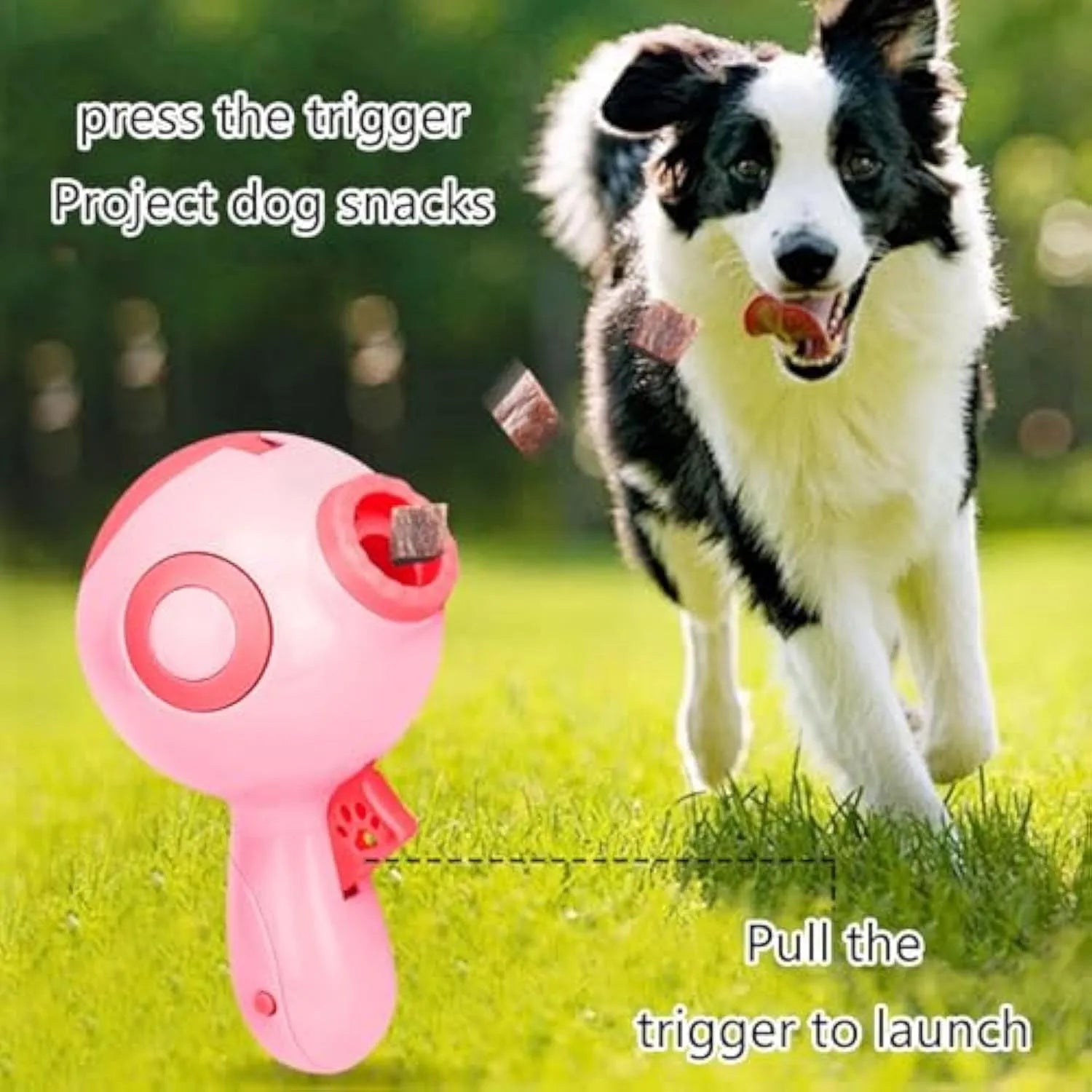 Green, orange, or pink dog treat launcher and slow feeder interactive toy.