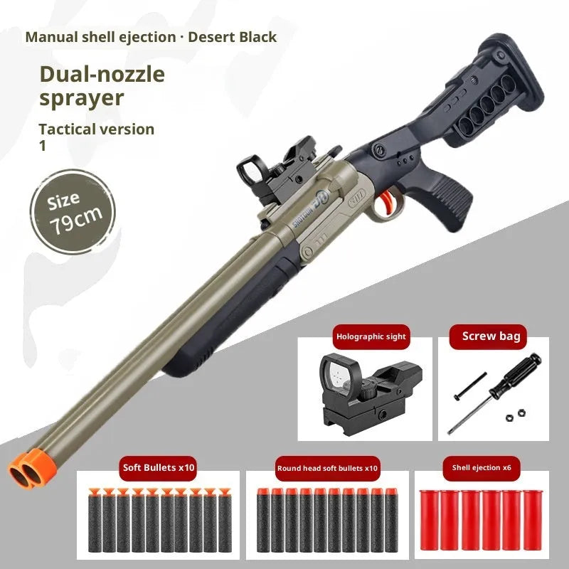 Double-barreled S686 shell-ejecting soft bullet toy gun in plastic foldable design for youth