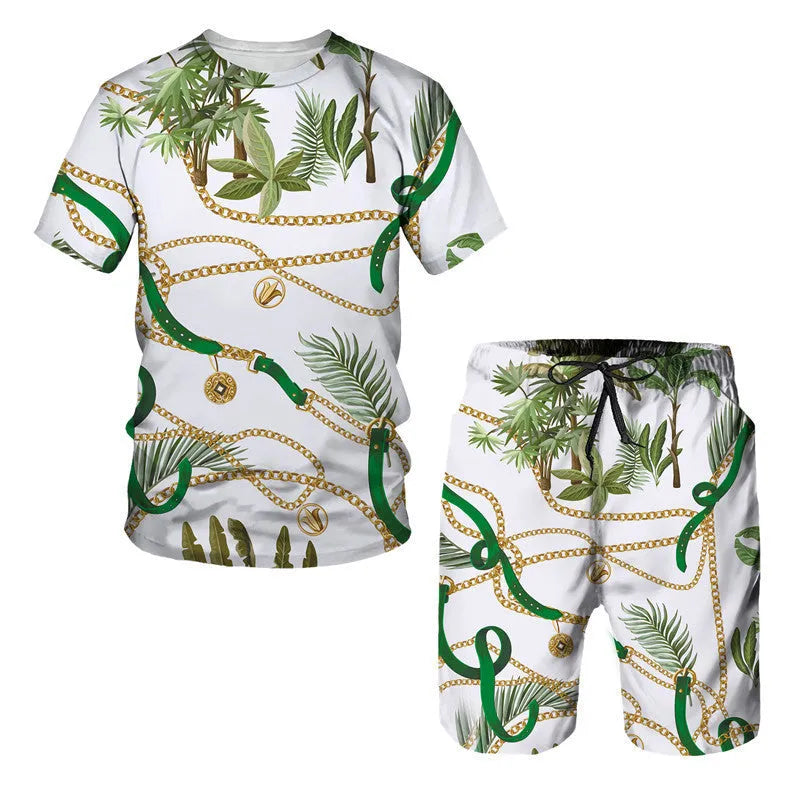 Men's chain pattern digital print short sleeve T-shirt and shorts set in summer colours