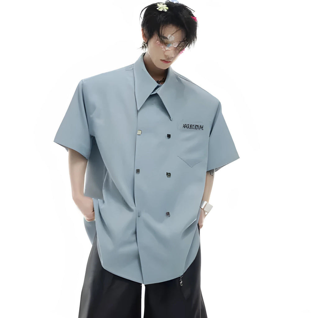 Men's loose fit short-sleeved casual shirt with splicing detail and metal buttons in summer colours