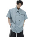 Men's loose fit short-sleeved casual shirt with splicing detail and metal buttons in summer colours