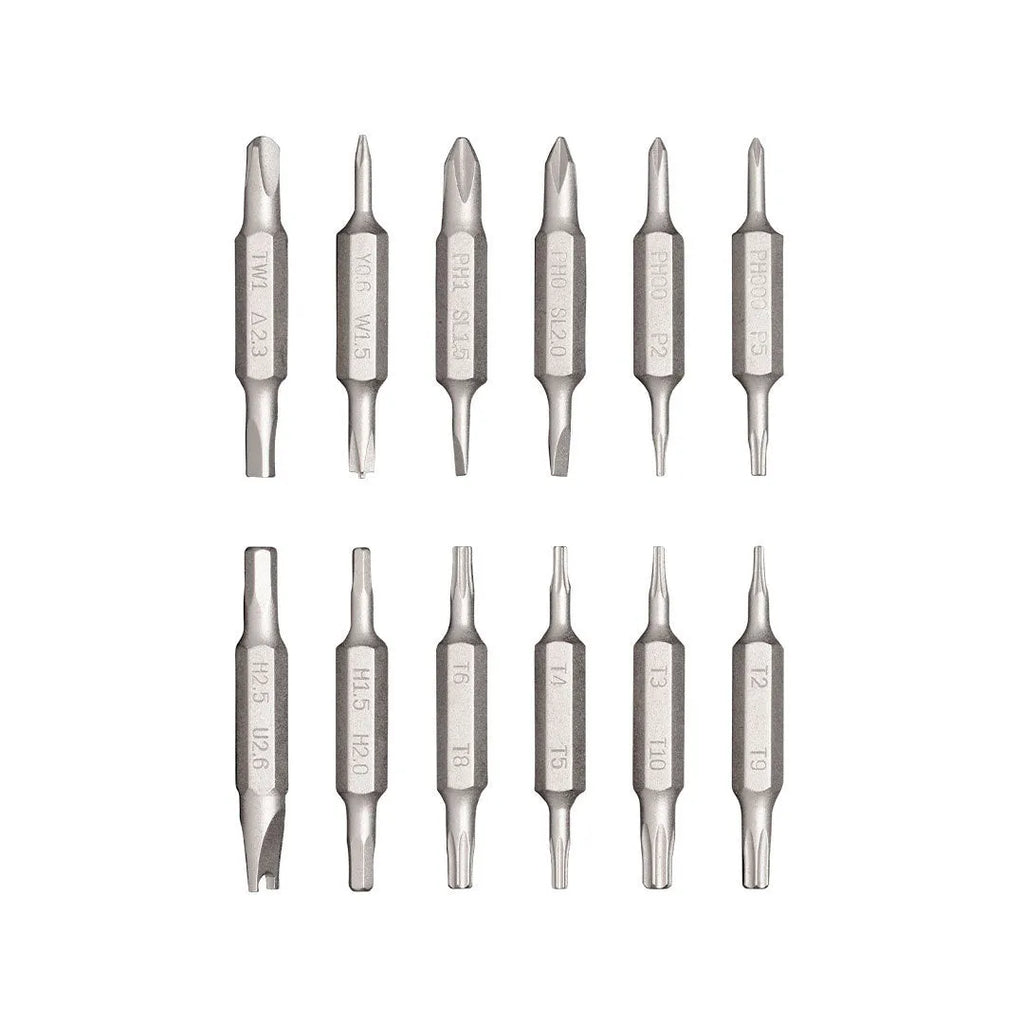 Aluminium alloy 24-in-1 repair screwdriver set with double-end bits in green, red, or black.