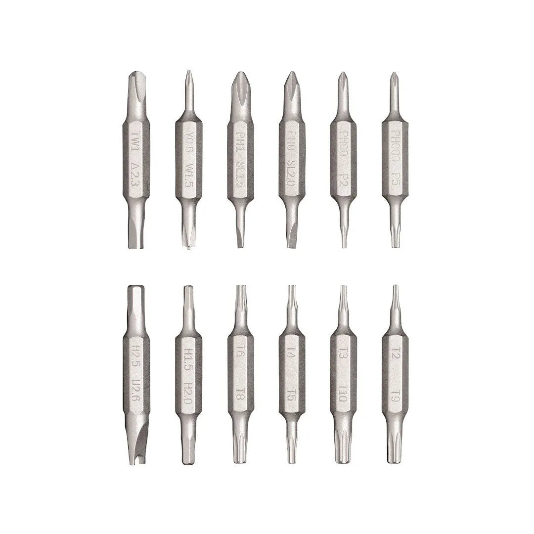 Aluminium alloy 24-in-1 repair screwdriver set with double-end bits in green, red, or black.