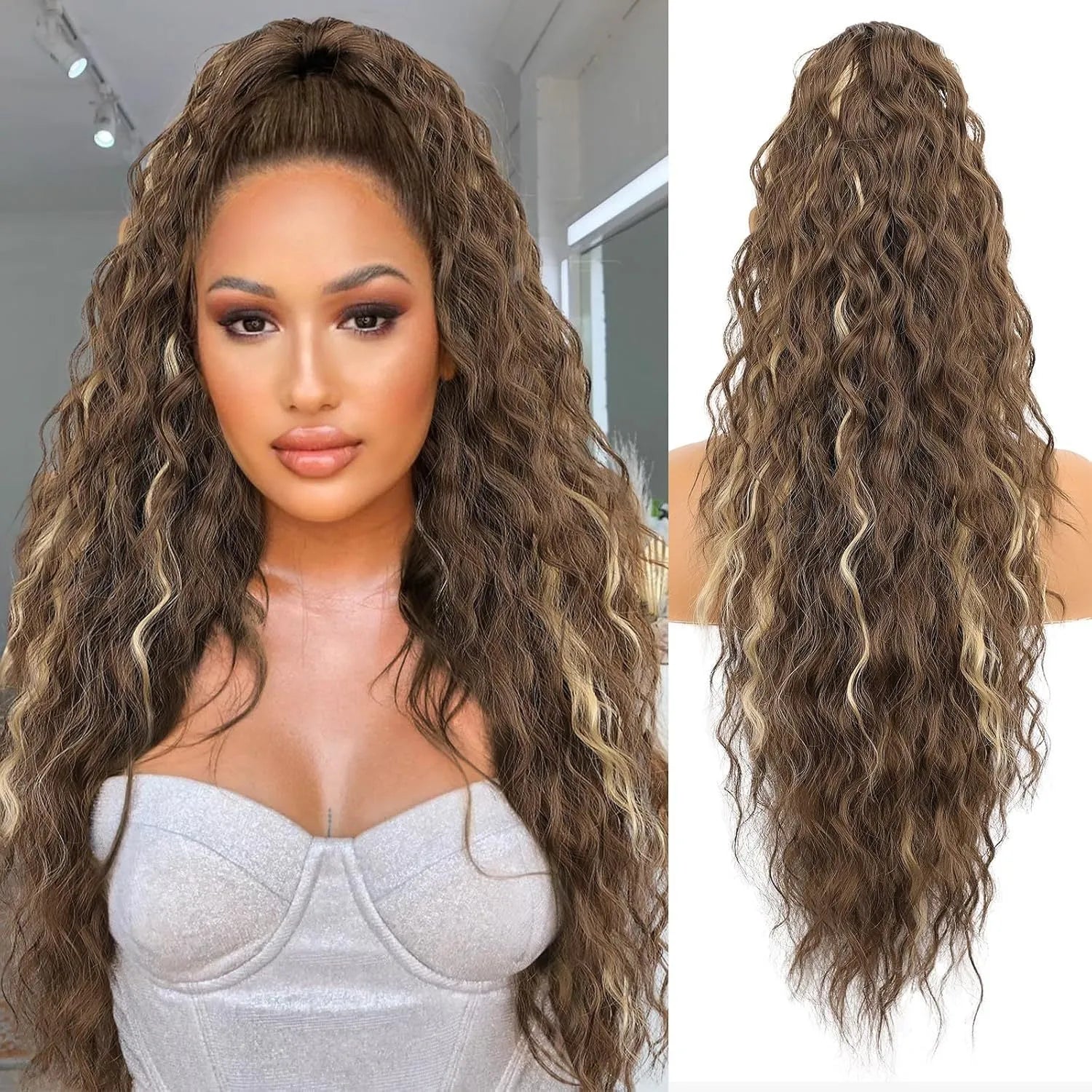 Long curly synthetic ponytail wig in high temperature fibre, 30 inches in length.