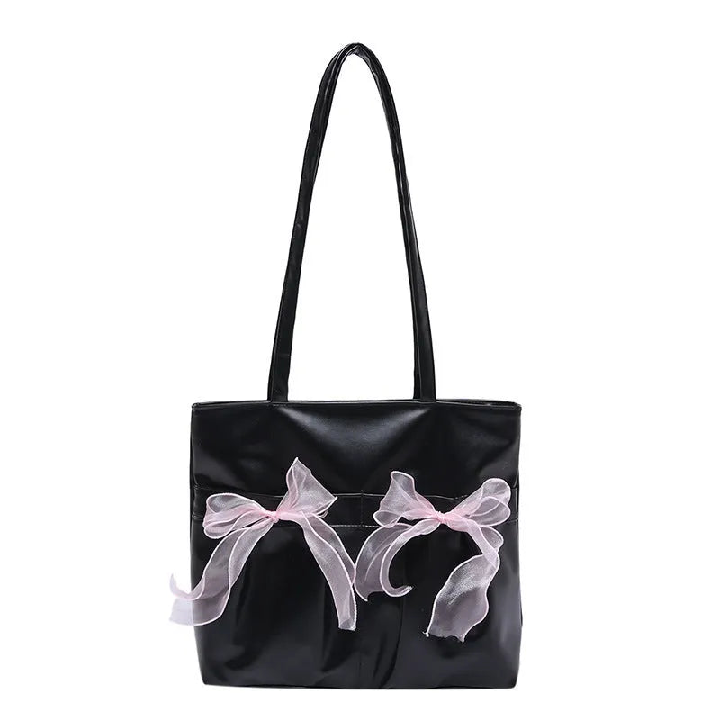 College style bow tote bag with double straps and zippered internal compartment in black colour