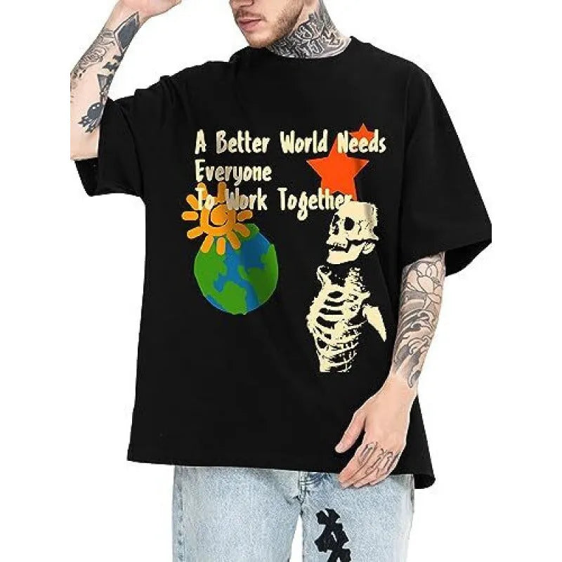 Men's grey short sleeve street T-shirt with abstract digital print, casual pullover style.