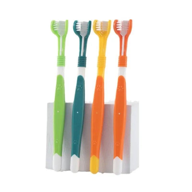 Pet toothbrush in orange, green, yellow, blue pink, black yellow or dark green colours with plastic handle and nylon bristles