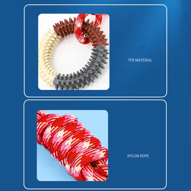 Braided rope dog chew toy with knots in blue colour, shown at 43 cm length