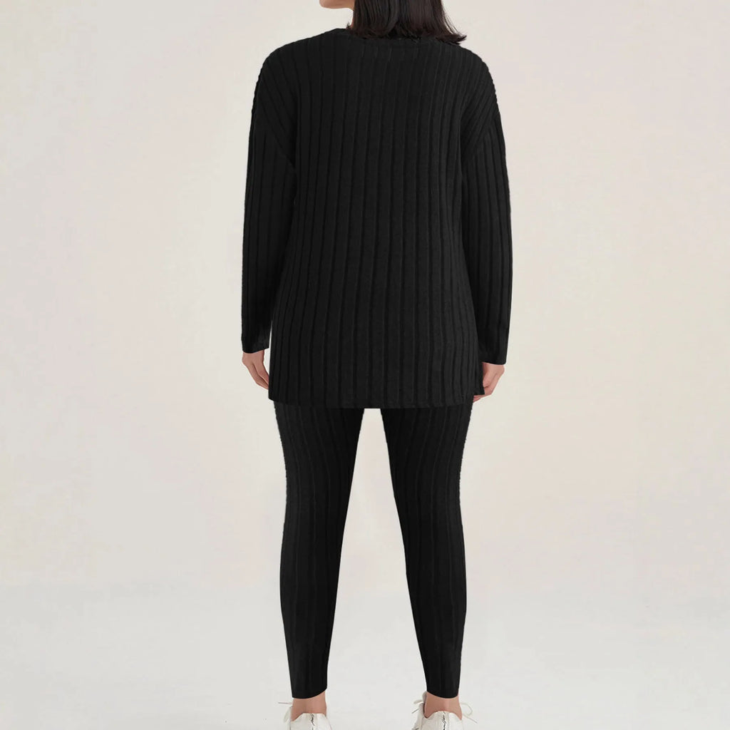 Black and blue sunken stripe casual two-piece polyester homewear set with top and pants.