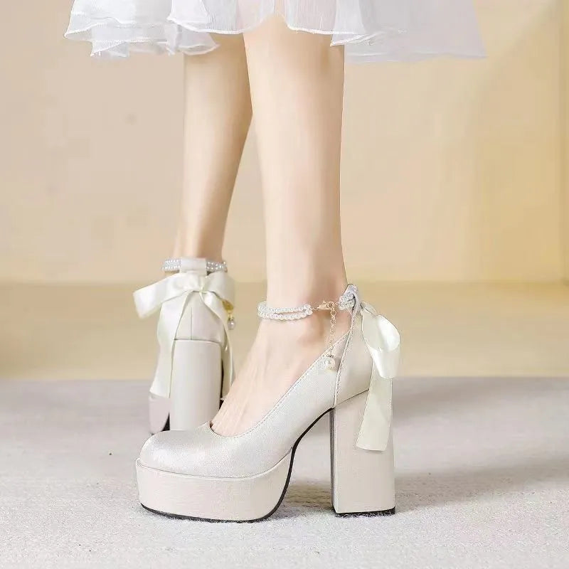 Women's waterproof platform wedding shoes with thick chunky heel in wine red colour with buckle detail