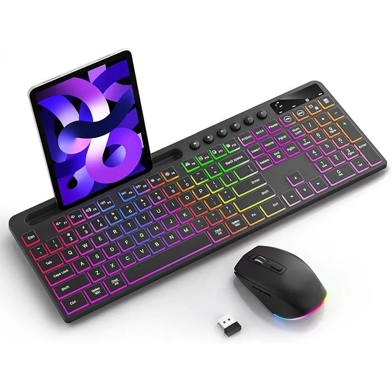 Wireless keyboard and mouse set showing luminous keys and integrated card slot with ergonomic design