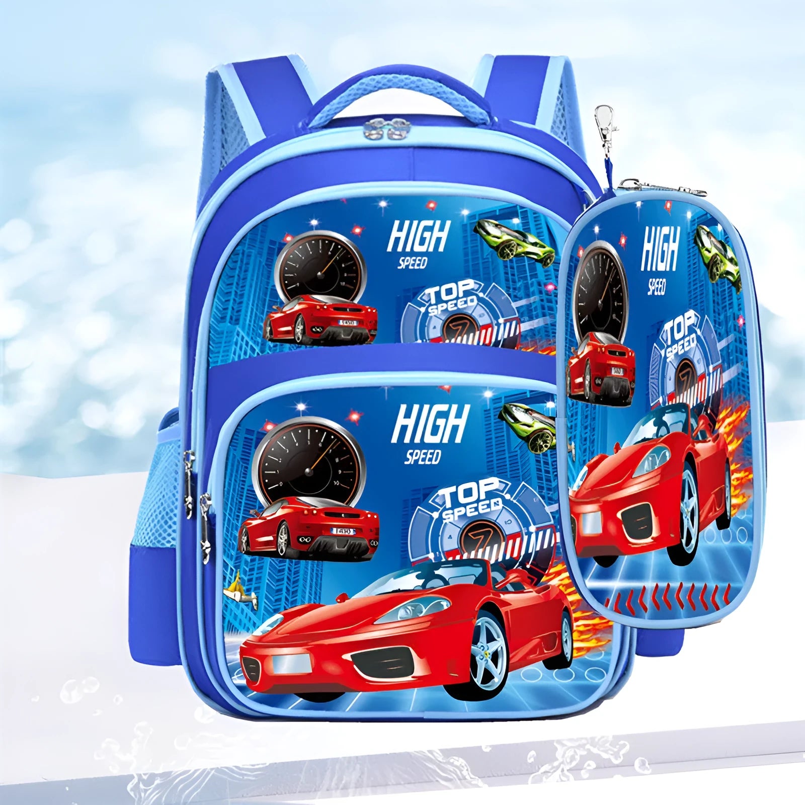 Sapphire blue kids backpack with anime cartoon print and matching pencil case.