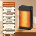Black remote control type desktop smart heater with oscillating head, showing dimensions 14.5x10x26cm.