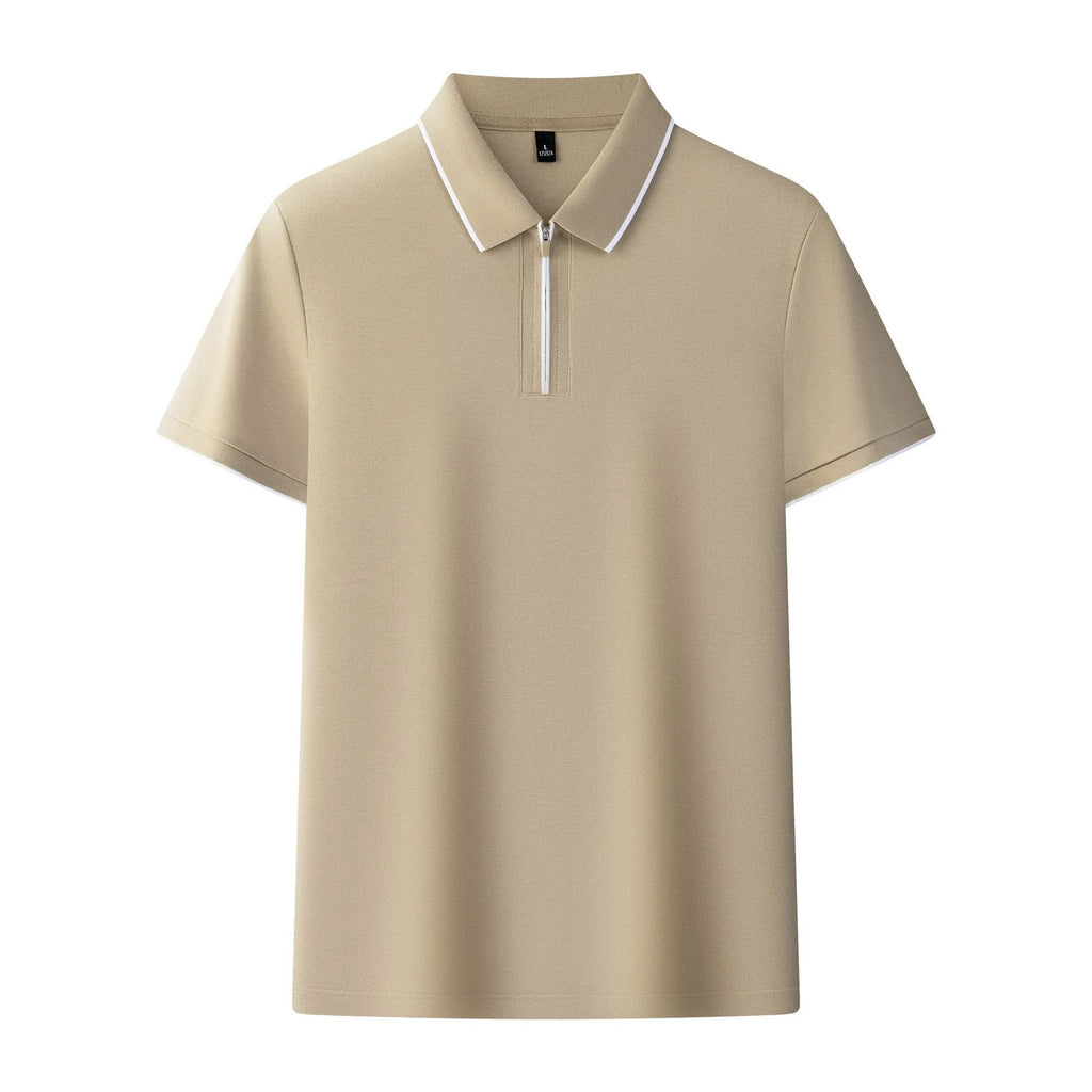 Men's solid colour polo shirt with a short sleeve and a front zipper collar.