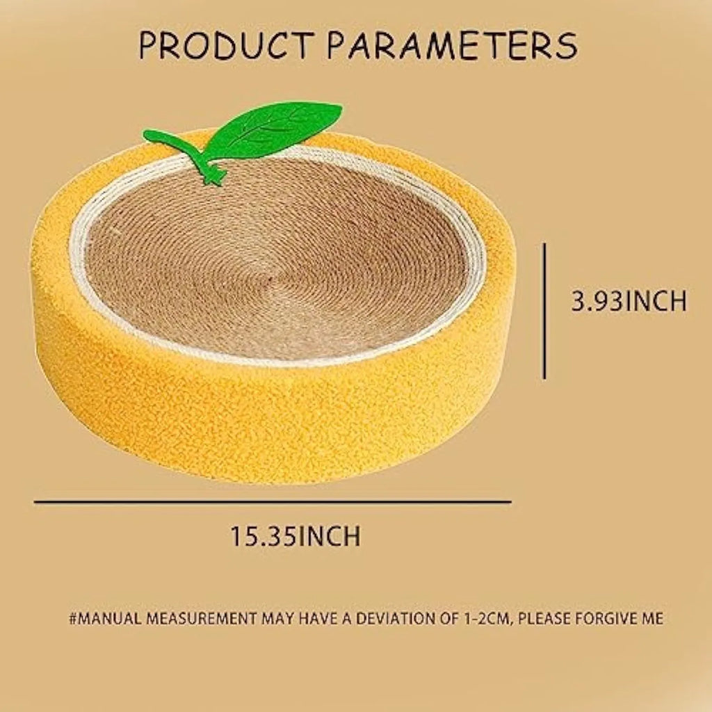 Round yellow fruit design sisal cat scratching board doubling as a cat bed.