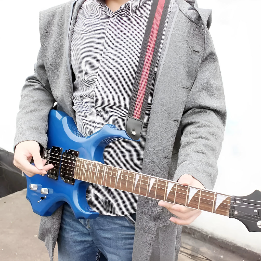 Woven crossbody instrument strap with stripe pattern in army green colour for guitar or ukulele.