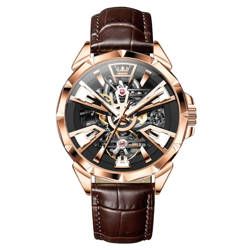 Men's automatic mechanical watch with hollow transparent case back showing movement, 44mm barrel-shaped dial, and genuine leather strap