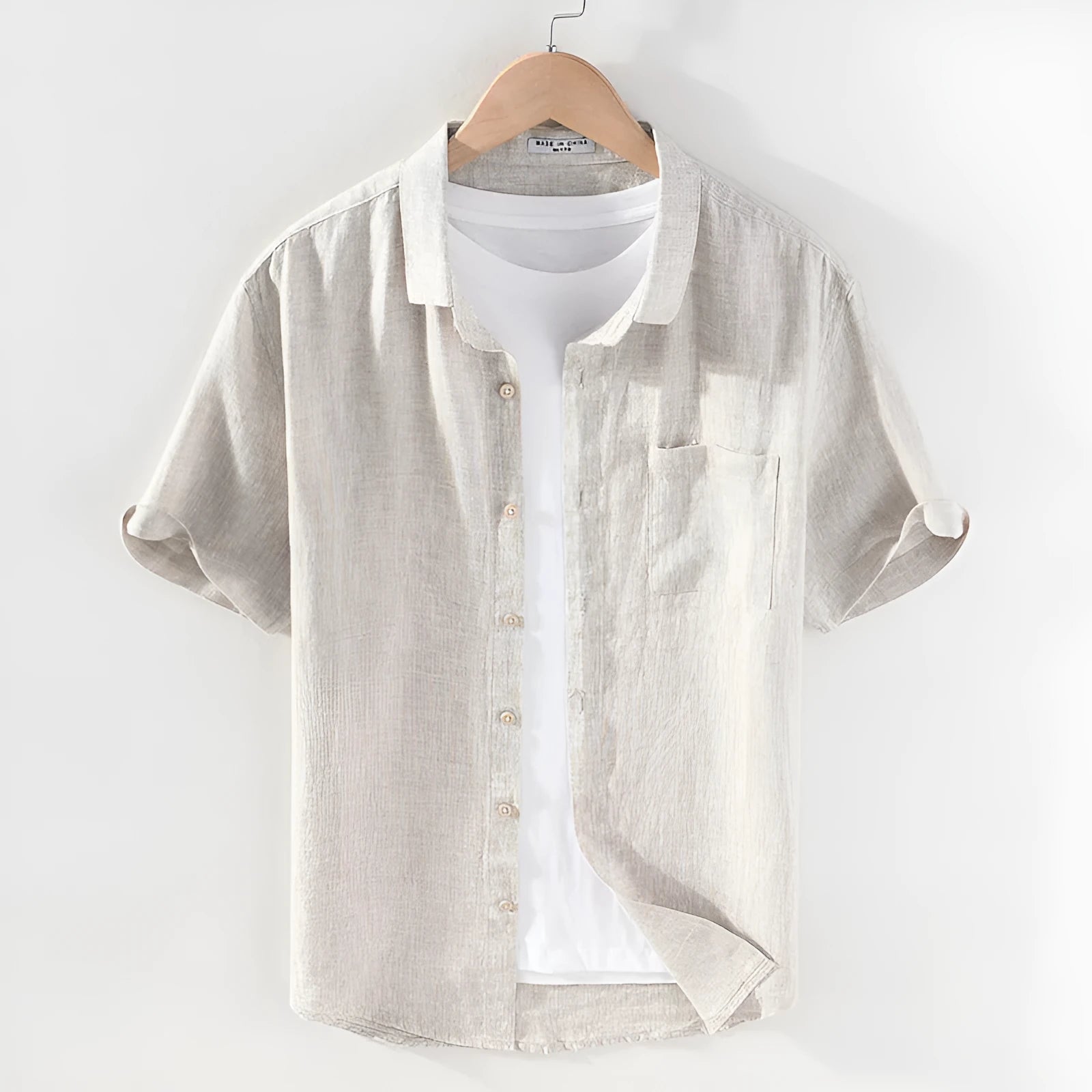 Men's square collar linen shirt in raw jute colour with short sleeves and cardigan style