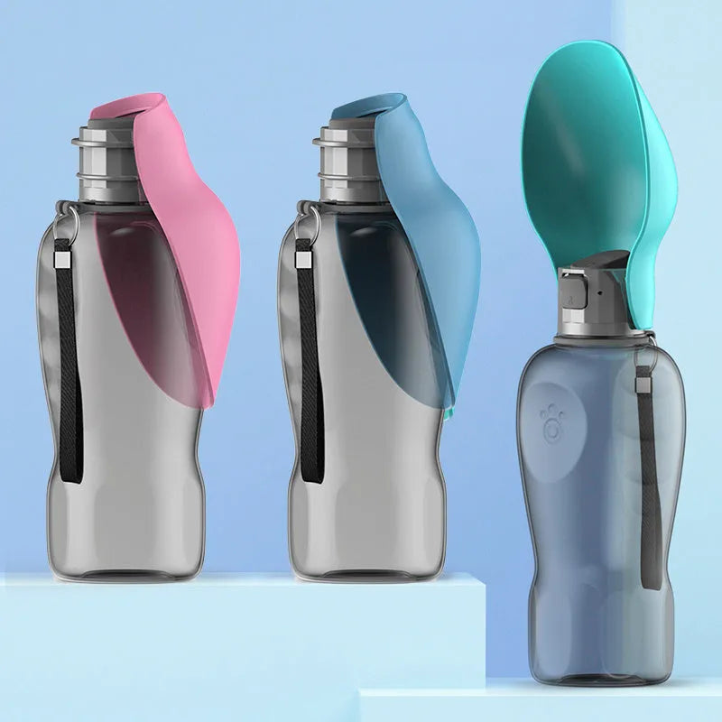 Blue grey portable 800ml dog water bottle with foldable drinking bowl and wrist strap.