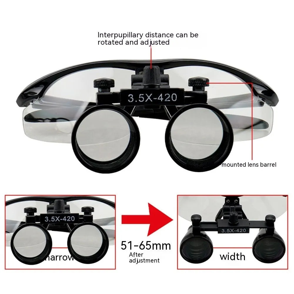 Black head-mounted magnifying glasses with LED headlight for dental inspection work