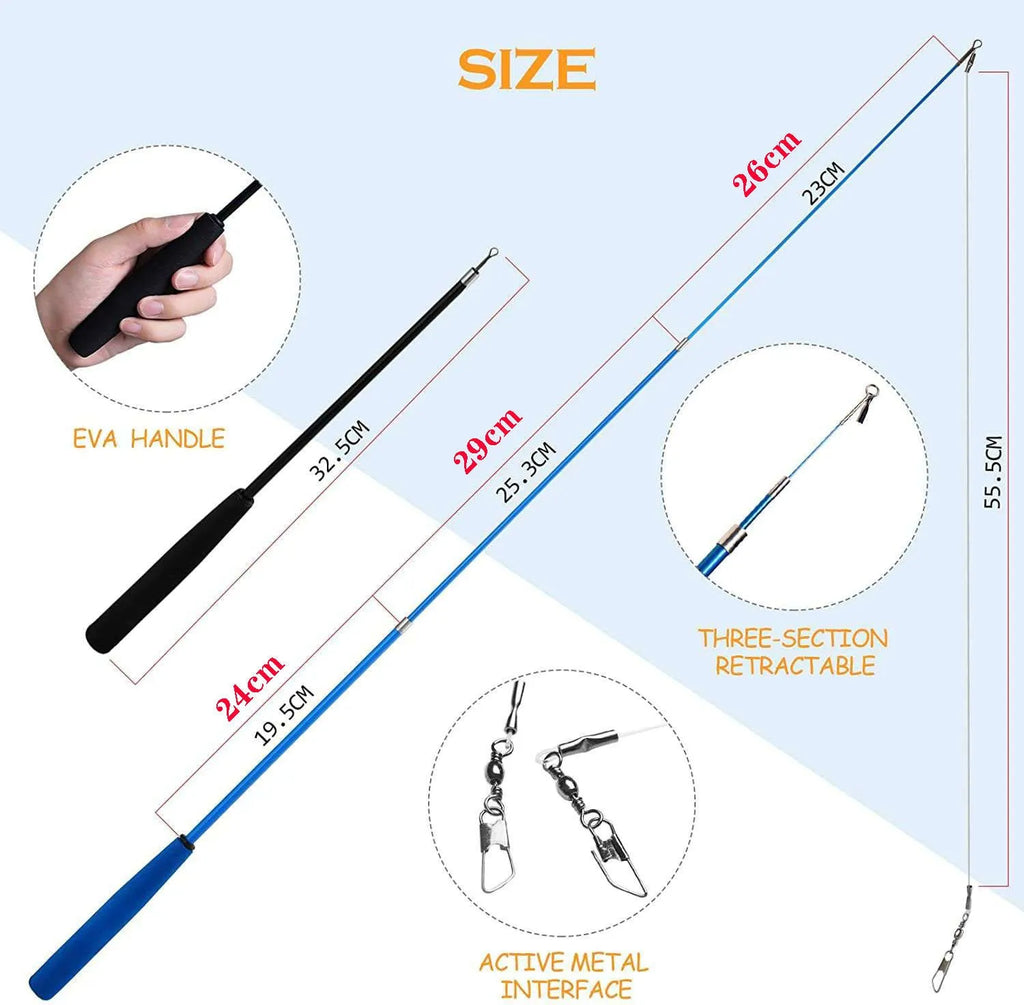 Cat teasing pole set with three-section fishing rod and feather replacement heads