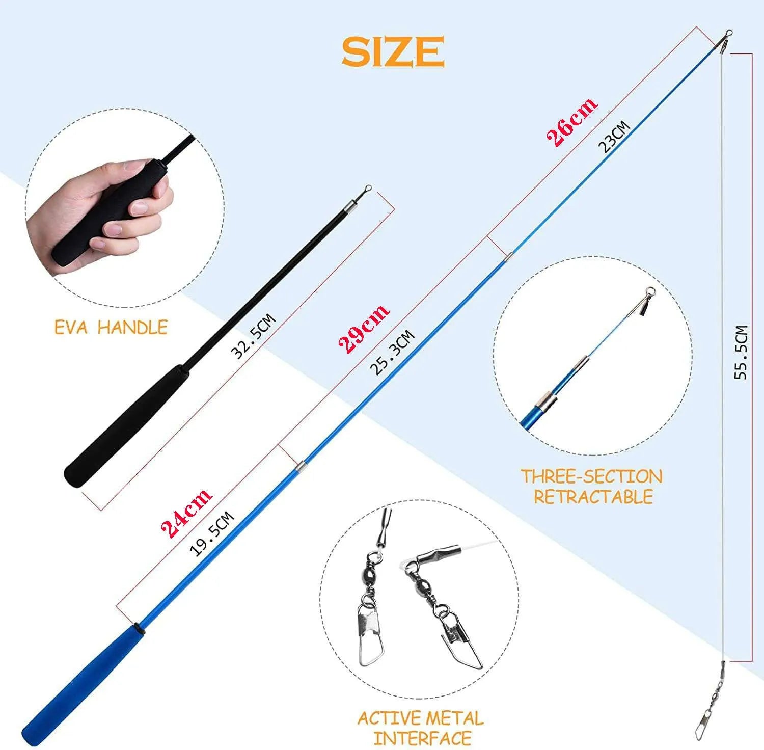 Cat teasing pole set with three-section fishing rod and feather replacement heads