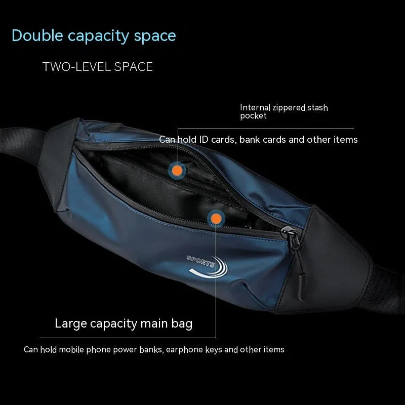 Men's solid-colour waterproof waist bag in blue, shown with dimensions for sports use.