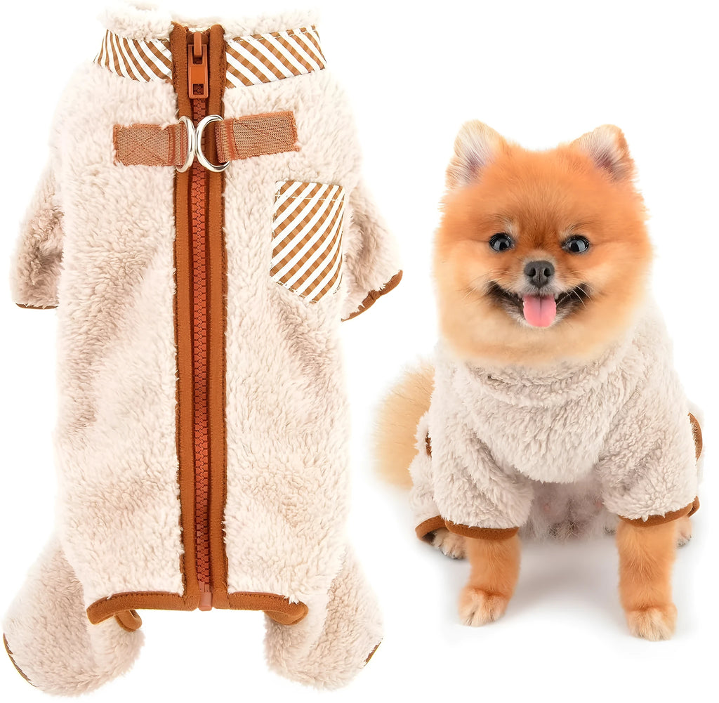 Green plush fleece dog jumpsuit coat with four legs and a back zipper, shown on a small dog.