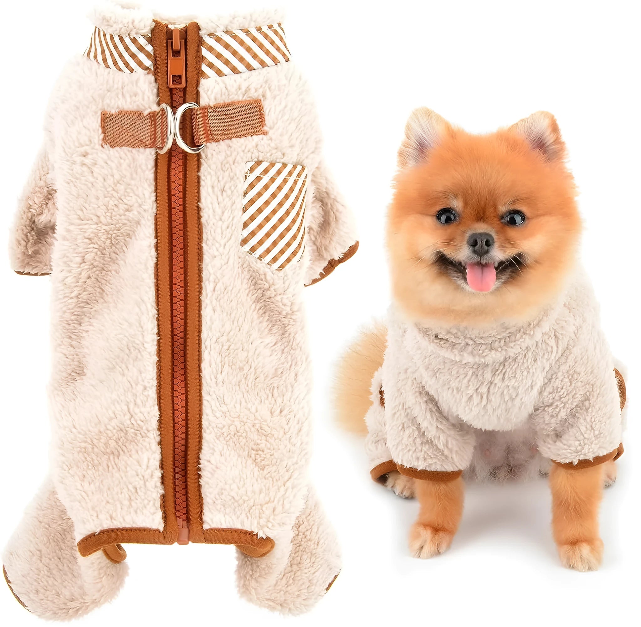 Green plush fleece dog jumpsuit coat with four legs and a back zipper, shown on a small dog.